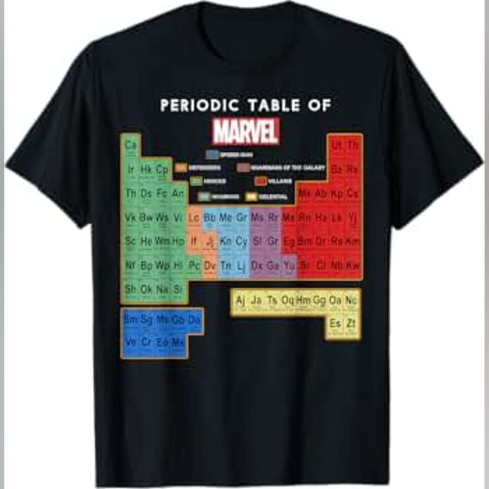 Periodic table of Marvel characters black short sleeve graphic tee Sm. DISNEY